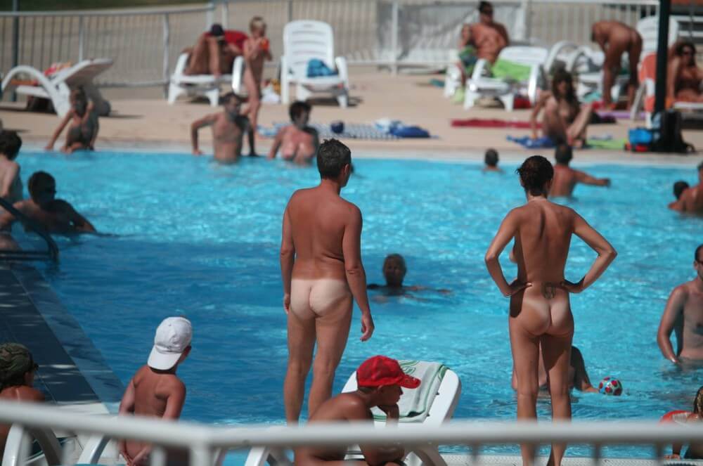 Pool-Shore Group Exercise - Nudists appreciate and love nature