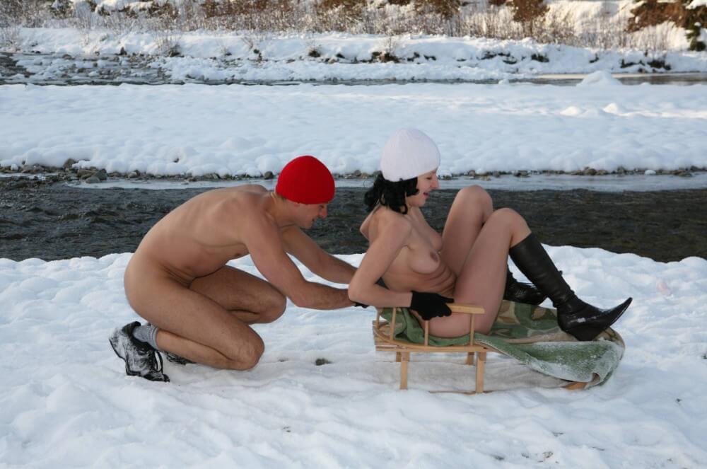 Naturist Girl Snow Day Couples Sled pics - The Naked Human Body